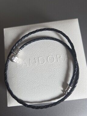 Pandora Black Braided Leather Double Wrap Bracelet with Silver Accents